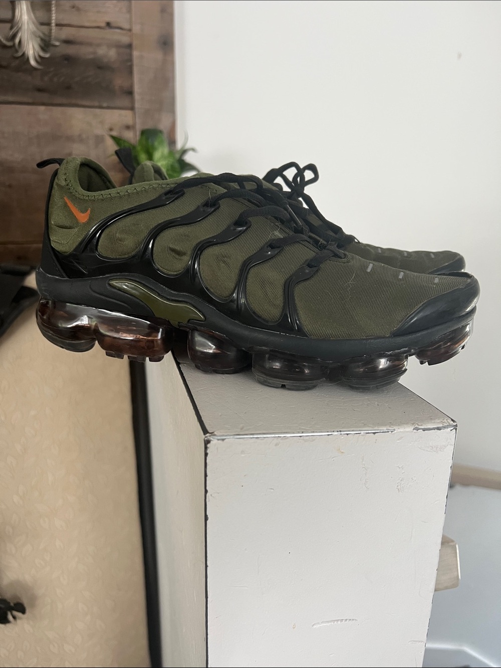 Nike Olive Green and Black VaporMax Plus Sneakers with Orange Swoosh